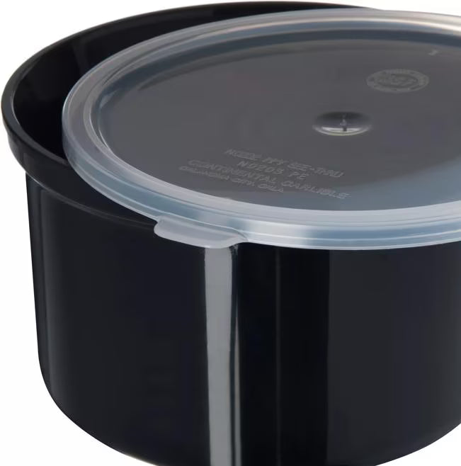 Serve condiments, sauces and sides with the 1.5 Quart Black Classic Crock with Lid 031603. Durable SAN construction resists staining, breaking, chipping and scuffing while the included translucent snap on lid provides convenient coverage.