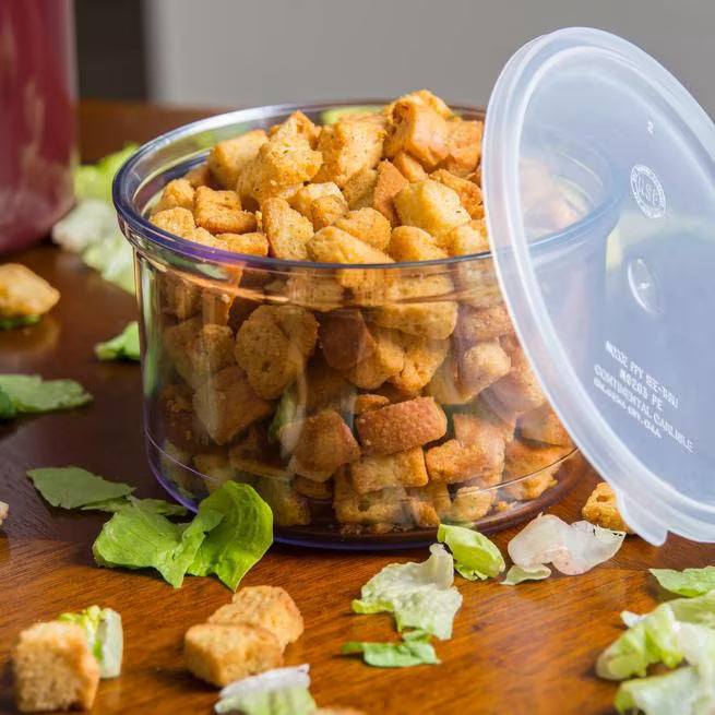 Serve condiments, sauces and sides with the 1.5 Quart Clear Classic Crock with Lid 031607. Durable SAN construction resists staining, breaking, chipping and scuffing while the clear design and included translucent snap on lid provide convenient visibility and coverage.