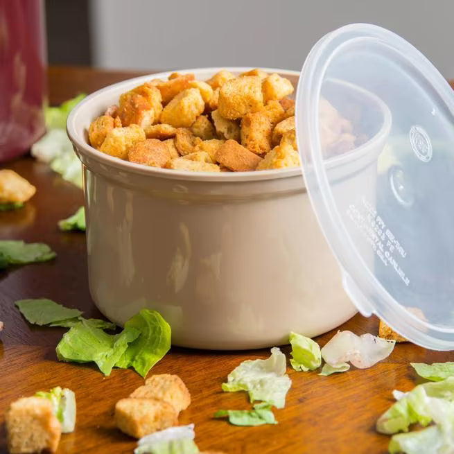 Serve condiments, sauces and sides with the 1.5 Quart Beige Classic Crock with Lid 031606. Durable SAN construction resists staining, breaking, chipping and scuffing while the included translucent snap on lid provides convenient coverage.