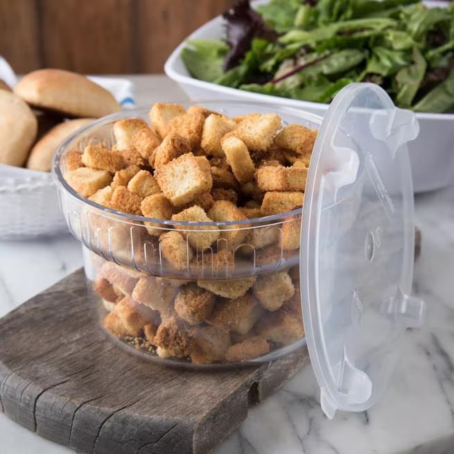 Present and serve foods with the Clear Gourmet Crock with Lid 703907. Featuring durable polycarbonate construction, a deep crock base, frosted rim pattern and translucent snap on lid, it is ideal for buffets, salad bars and commercial foodservice.