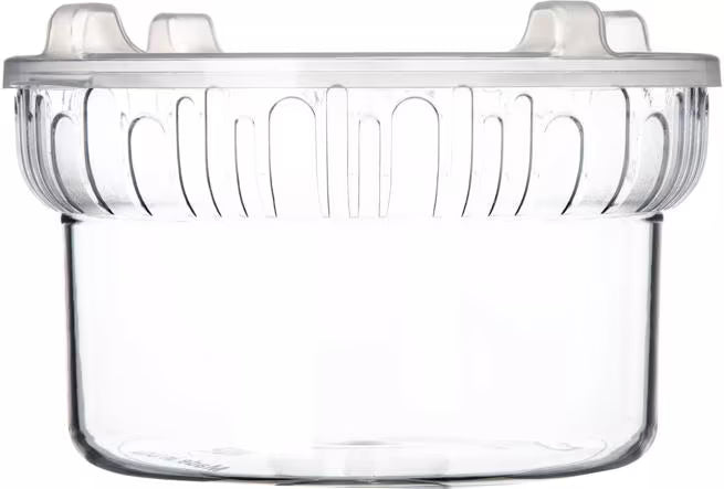 Present and serve foods with the Clear Gourmet Crock with Lid 703907. Featuring durable polycarbonate construction, a deep crock base, frosted rim pattern and translucent snap on lid, it is ideal for buffets, salad bars and commercial foodservice.
