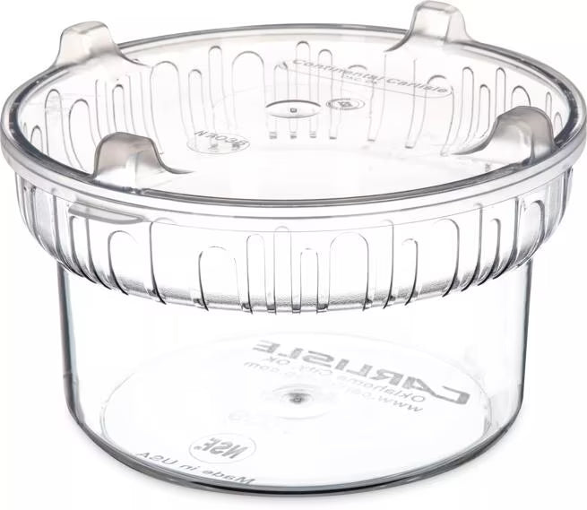 Present and serve foods with the Clear Gourmet Crock with Lid 703907. Featuring durable polycarbonate construction, a deep crock base, frosted rim pattern and translucent snap on lid, it is ideal for buffets, salad bars and commercial foodservice.