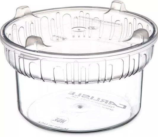Present and serve foods with the Clear Gourmet Crock with Lid 703907. Featuring durable polycarbonate construction, a deep crock base, frosted rim pattern and translucent snap on lid, it is ideal for buffets, salad bars and commercial foodservice.