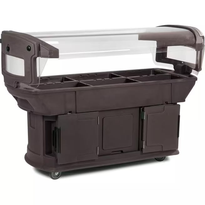Serve and display chilled foods with the 6 x 2 x 4.5 Foot Brown Maximizer Food Bar 771101. Holds six full size food pans and features a double sided acrylic sneeze guard, durable polyethylene construction and convenient tool free setup.