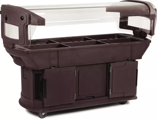 Serve and display chilled foods with the 6 x 2 x 4.5 Foot Brown Maximizer Food Bar 771101. Holds six full size food pans and features a double sided acrylic sneeze guard, durable polyethylene construction and convenient tool free setup.