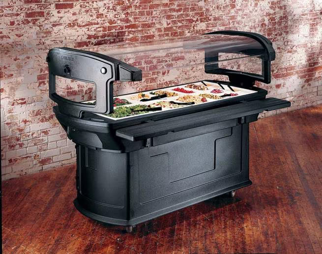 Serve and display chilled foods with the 6 x 2 x 4.5 Foot Black Maximizer Food Bar 771103. Holds six full size food pans and features a double sided acrylic sneeze guard, durable polyethylene construction and convenient tool free setup.