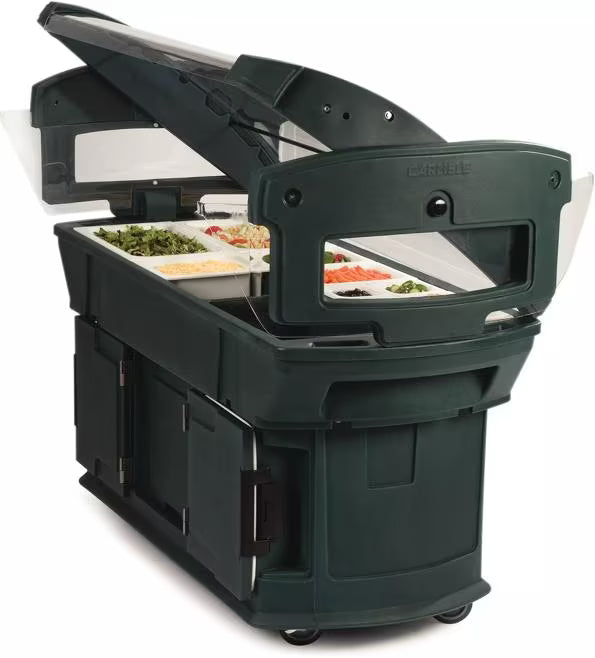 Serve and display chilled foods with the 6 x 2 x 4.5 Foot Black Maximizer Food Bar 771103. Holds six full size food pans and features a double sided acrylic sneeze guard, durable polyethylene construction and convenient tool free setup.