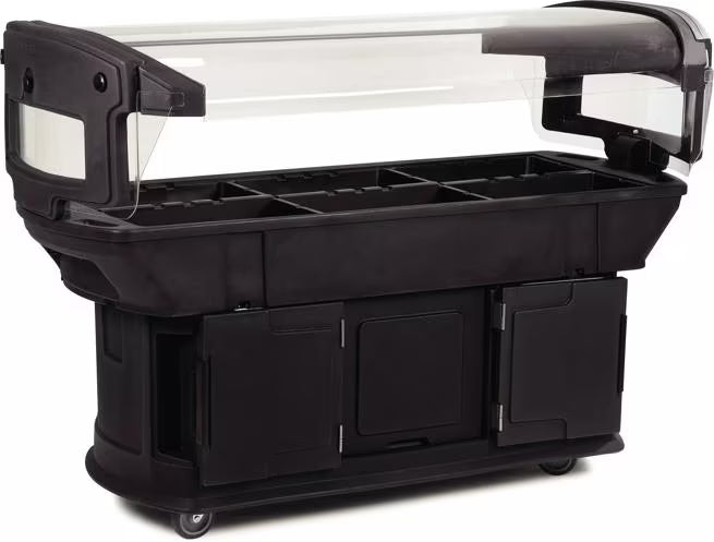 Serve and display chilled foods with the 6 x 2 x 4.5 Foot Black Maximizer Food Bar 771103. Holds six full size food pans and features a double sided acrylic sneeze guard, durable polyethylene construction and convenient tool free setup.