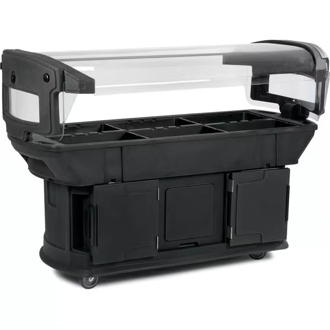 Serve and display chilled foods with the 6 x 2 x 4.5 Foot Black Maximizer Food Bar 771103. Holds six full size food pans and features a double sided acrylic sneeze guard, durable polyethylene construction and convenient tool free setup.