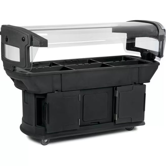 Serve and display chilled foods with the 6 x 2 x 4.5 Foot Black Maximizer Food Bar 771103. Holds six full size food pans and features a double sided acrylic sneeze guard, durable polyethylene construction and convenient tool free setup.