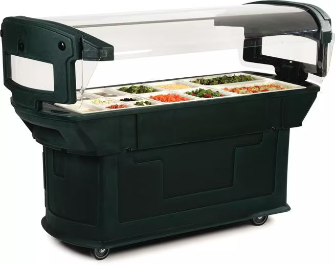 Serve and display chilled foods with the 6 x 2 x 4.5 Foot Forest Green Maximizer Food Bar 771108. Holds six full size food pans and features a double sided acrylic sneeze guard, durable polyethylene construction and convenient tool free setup.