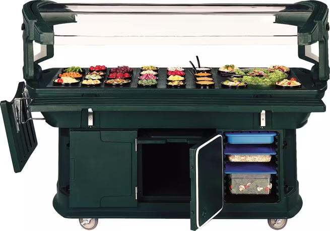Serve and display chilled foods with the 6 x 2 x 4.5 Foot Forest Green Maximizer Food Bar 771108. Holds six full size food pans and features a double sided acrylic sneeze guard, durable polyethylene construction and convenient tool free setup.