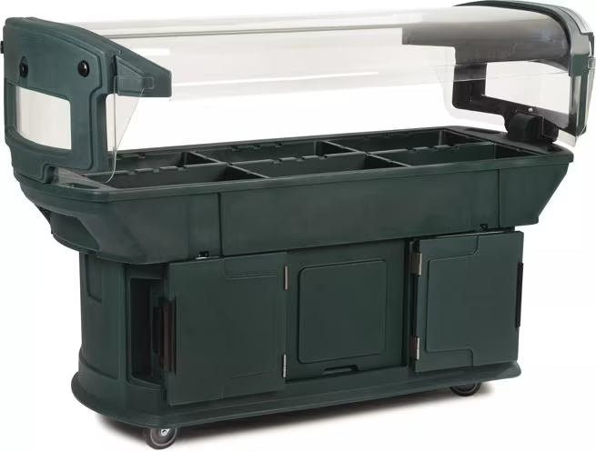 Serve and display chilled foods with the 6 x 2 x 4.5 Foot Forest Green Maximizer Food Bar 771108. Holds six full size food pans and features a double sided acrylic sneeze guard, durable polyethylene construction and convenient tool free setup.