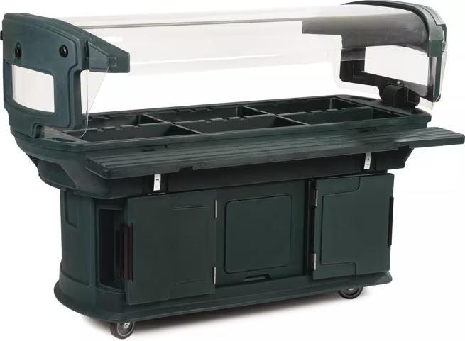 Serve and display chilled foods with the 6 x 2 x 4.5 Foot Forest Green Maximizer Food Bar 771108. Holds six full size food pans and features a double sided acrylic sneeze guard, durable polyethylene construction and convenient tool free setup.