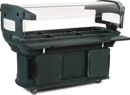 Serve and display chilled foods with the 6 x 2 x 4.5 Foot Forest Green Maximizer Food Bar 771108. Holds six full size food pans and features a double sided acrylic sneeze guard, durable polyethylene construction and convenient tool free setup.