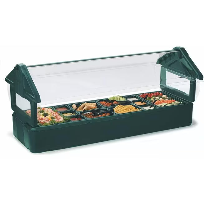 Serve chilled foods with the 6 Foot Black Six Star Tabletop Food Bar 660103. Features durable polyethylene construction, polyurethane foam insulation, a wide acrylic sneeze guard and capacity for food pans up to 6 inches deep.