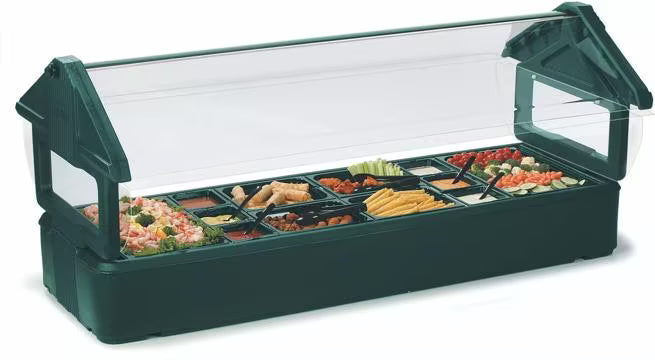 Serve chilled foods with the 6 Foot Black Six Star Tabletop Food Bar 660103. Features durable polyethylene construction, polyurethane foam insulation, a wide acrylic sneeze guard and capacity for food pans up to 6 inches deep.