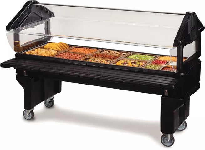 Serve younger guests with the 6 x 2 x 3.8 Foot Black Six Star Youth Portable Food Bar 660803. Features a 30 inch basin height, insulated construction, acrylic sneeze guard, swivel casters and capacity for 6 inch deep food pans.