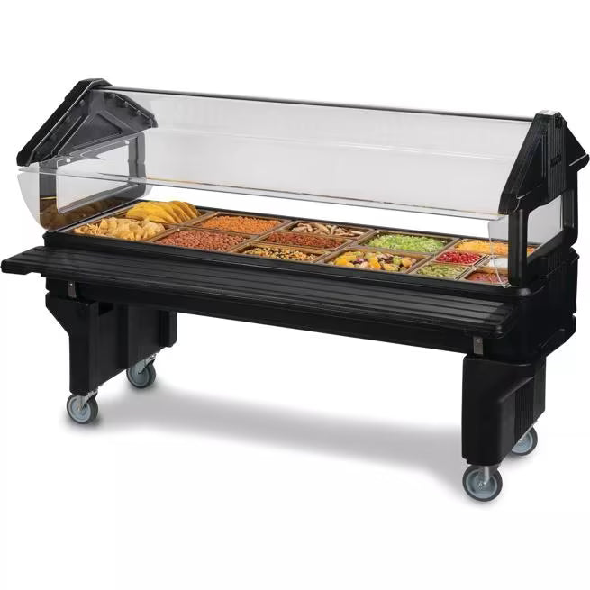 Serve younger guests with the 6 x 2 x 3.8 Foot Black Six Star Youth Portable Food Bar 660803. Features a 30 inch basin height, insulated construction, acrylic sneeze guard, swivel casters and capacity for 6 inch deep food pans.