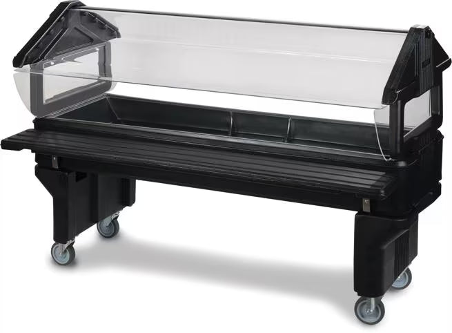 Serve younger guests with the 6 x 2 x 3.8 Foot Black Six Star Youth Portable Food Bar 660803. Features a 30 inch basin height, insulated construction, acrylic sneeze guard, swivel casters and capacity for 6 inch deep food pans.