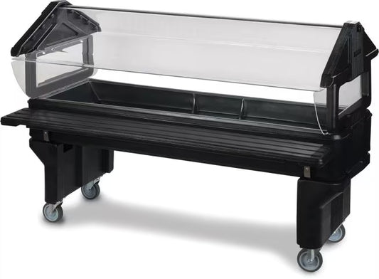 Serve younger guests with the 6 x 2 x 3.8 Foot Black Six Star Youth Portable Food Bar 660803. Features a 30 inch basin height, insulated construction, acrylic sneeze guard, swivel casters and capacity for 6 inch deep food pans.
