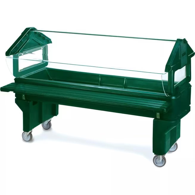 Serve younger guests with the 6 x 2 x 3.8 Foot Forest Green Six Star Youth Portable Food Bar 660808. Features a 30 inch basin height, insulated construction, acrylic sneeze guard, swivel casters and capacity for 6 inch deep food pans.