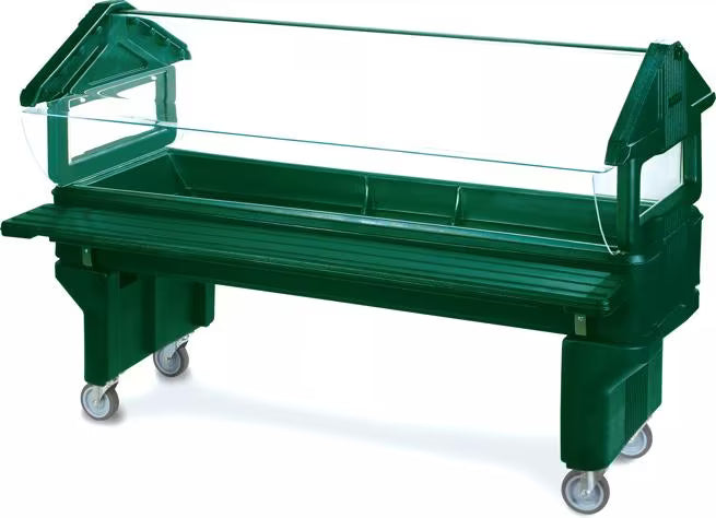 Serve younger guests with the 6 x 2 x 3.8 Foot Forest Green Six Star Youth Portable Food Bar 660808. Features a 30 inch basin height, insulated construction, acrylic sneeze guard, swivel casters and capacity for 6 inch deep food pans.