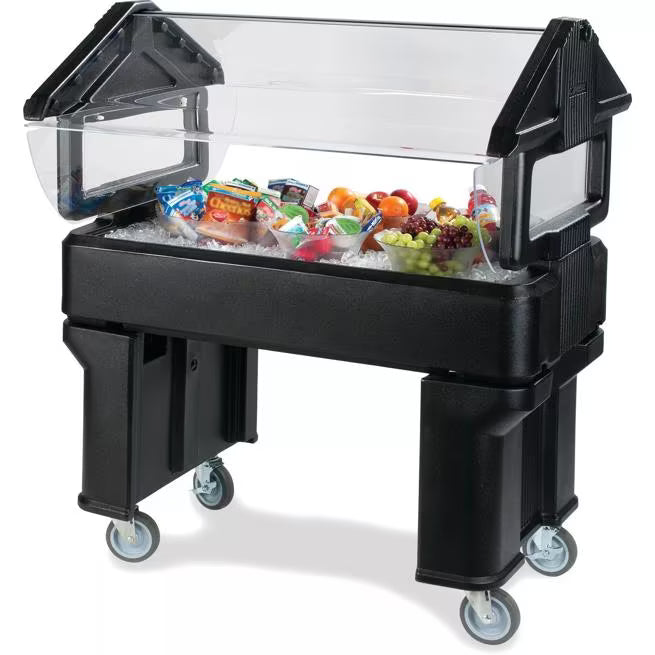 Serve chilled foods with the 4 x 2 x 4.2 Foot Black Six Star Portable Food Bar 660503. Features insulated polyethylene construction, a wide acrylic sneeze guard, swivel casters and capacity for 6 inch deep food pans.