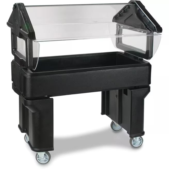 Serve chilled foods with the 4 x 2 x 4.2 Foot Black Six Star Portable Food Bar 660503. Features insulated polyethylene construction, a wide acrylic sneeze guard, swivel casters and capacity for 6 inch deep food pans.