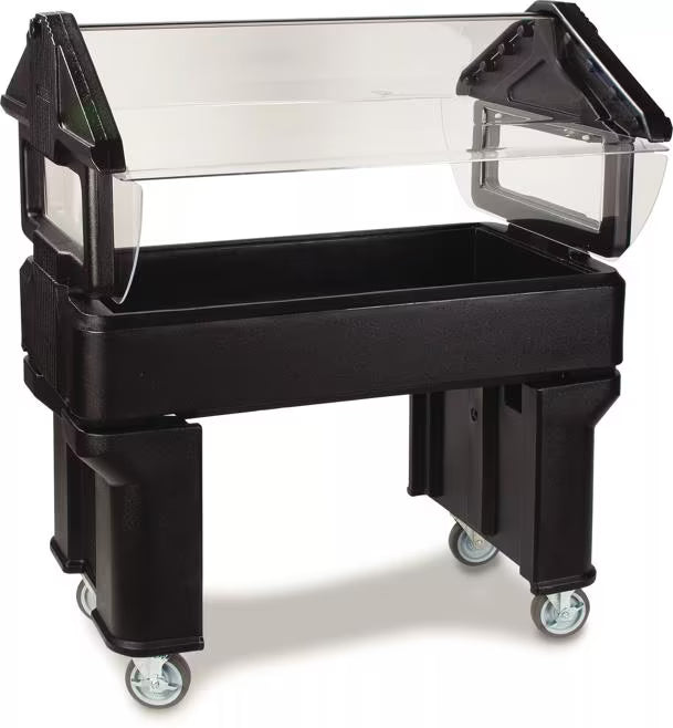 Serve chilled foods with the 4 x 2 x 4.2 Foot Black Six Star Portable Food Bar 660503. Features insulated polyethylene construction, a wide acrylic sneeze guard, swivel casters and capacity for 6 inch deep food pans.