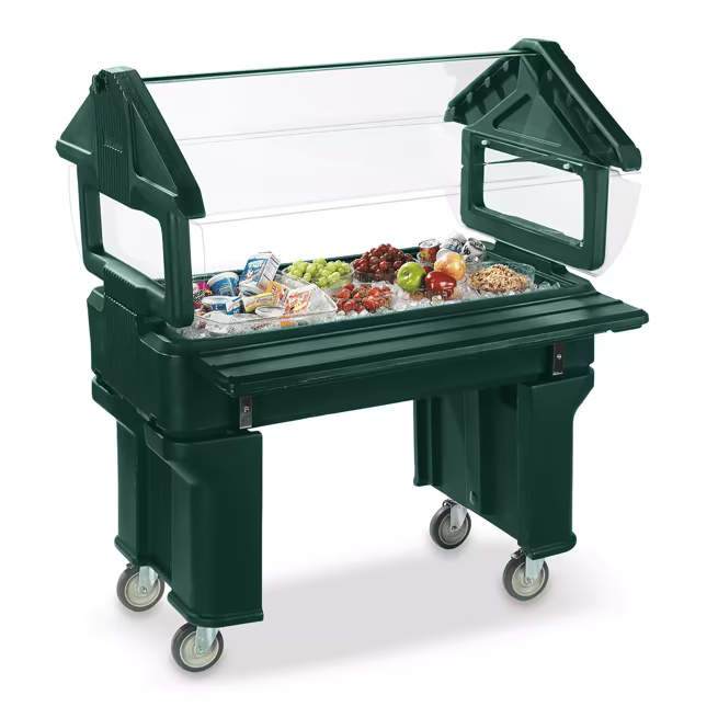 Serve chilled foods with the 4 x 2 x 4.2 Foot Forest Green Six Star Portable Food Bar 660508. Features insulated polyethylene construction, an acrylic sneeze guard, swivel casters and capacity for 6 inch deep food pans.