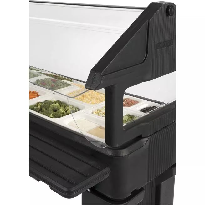 Serve chilled foods with the 6 x 2 x 4.2 Foot Black Six Star Portable Food Bar 660603. Features four acrylic shields, polyurethane foam insulation, swivel casters and flexible 6 inch deep food pan configurations.