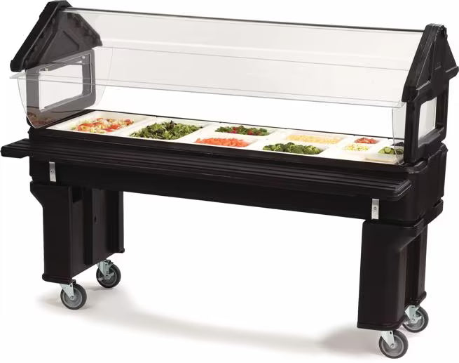 Serve chilled foods with the 6 x 2 x 4.2 Foot Black Six Star Portable Food Bar 660603. Features four acrylic shields, polyurethane foam insulation, swivel casters and flexible 6 inch deep food pan configurations.