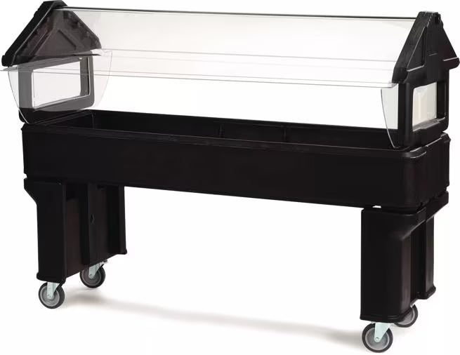 Serve chilled foods with the 6 x 2 x 4.2 Foot Black Six Star Portable Food Bar 660603. Features four acrylic shields, polyurethane foam insulation, swivel casters and flexible 6 inch deep food pan configurations.