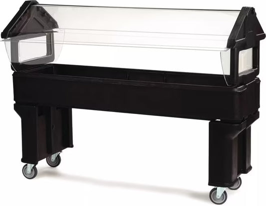 Serve chilled foods with the 6 x 2 x 4.2 Foot Black Six Star Portable Food Bar 660603. Features four acrylic shields, polyurethane foam insulation, swivel casters and flexible 6 inch deep food pan configurations.