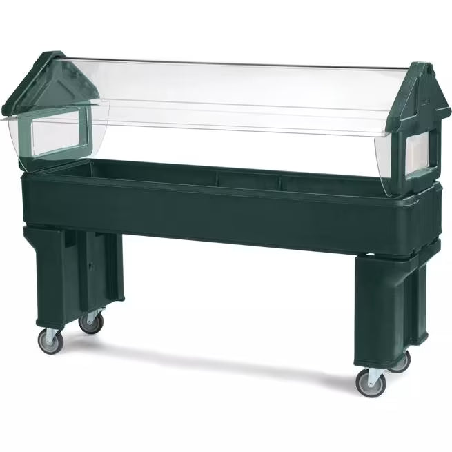 Serve chilled foods with the 6 x 2 x 4.2 Foot Forest Green Six Star Portable Food Bar 660608. Features four acrylic shields, polyurethane foam insulation, swivel casters and flexible 6 inch deep food pan configurations.