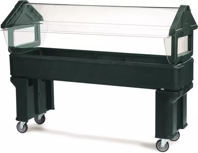 Serve chilled foods with the 6 x 2 x 4.2 Foot Forest Green Six Star Portable Food Bar 660608. Features four acrylic shields, polyurethane foam insulation, swivel casters and flexible 6 inch deep food pan configurations.