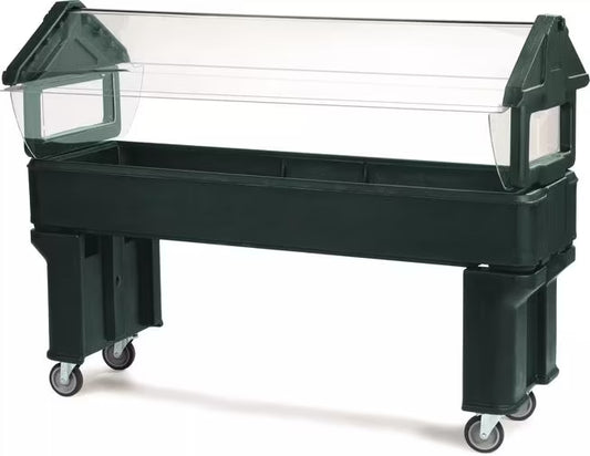 Serve chilled foods with the 6 x 2 x 4.2 Foot Forest Green Six Star Portable Food Bar 660608. Features four acrylic shields, polyurethane foam insulation, swivel casters and flexible 6 inch deep food pan configurations.