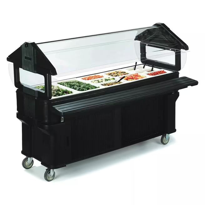 Serve and organize with the 6 x 2 x 4.2 Foot Black Six Star Portable Food Bar with Storage 661103. Features concealed sliding door storage, acrylic shields, insulated construction, swivel casters and flexible food pan configurations.