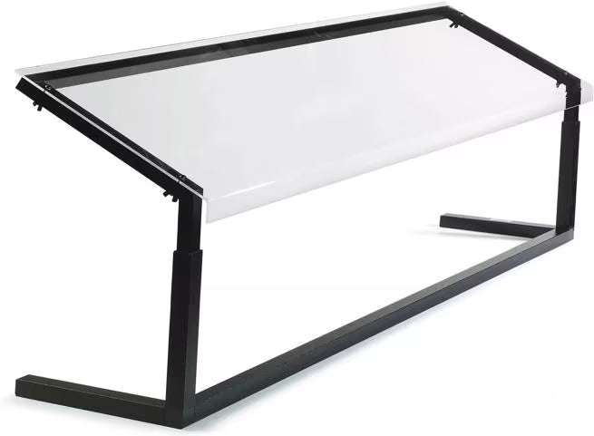 Protect displayed foods with the 73-1/4 Inch Black Adjustable Single Sided Sneeze Guard 927203. Designed for compatible Five Star Buffet Bars with an adjustable opening height from 11.25 to 17.25 inches.
