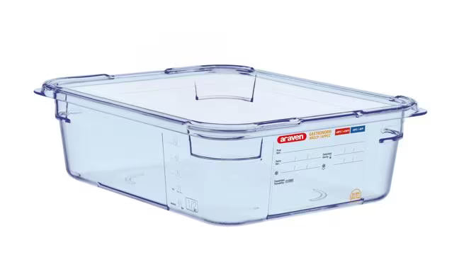 Organize food storage with the GN 1/2 Size 4 Inch Clear Blue ABS Food Pan 07822. BPA-free with high impact resistance, measurement markings, traceability label and GastroNorm sizing.
