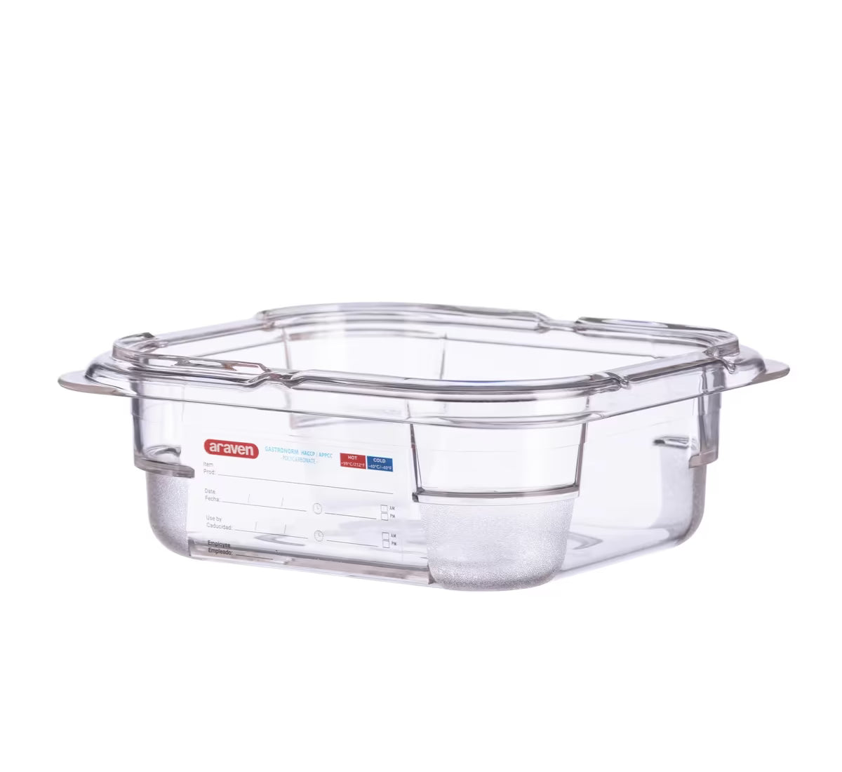 Organize food storage with the GN 1/6 Size 2.5 Inch Deep Clear Polycarbonate Food Pan 09796. Features an integrated traceability label, measuring scale, rounded edges and stain-resistant construction.
