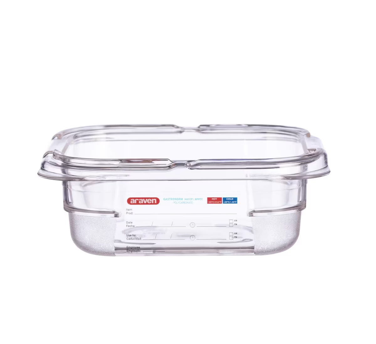 Organize food storage with the GN 1/6 Size 2.5 Inch Deep Clear Polycarbonate Food Pan 09796. Features an integrated traceability label, measuring scale, rounded edges and stain-resistant construction.