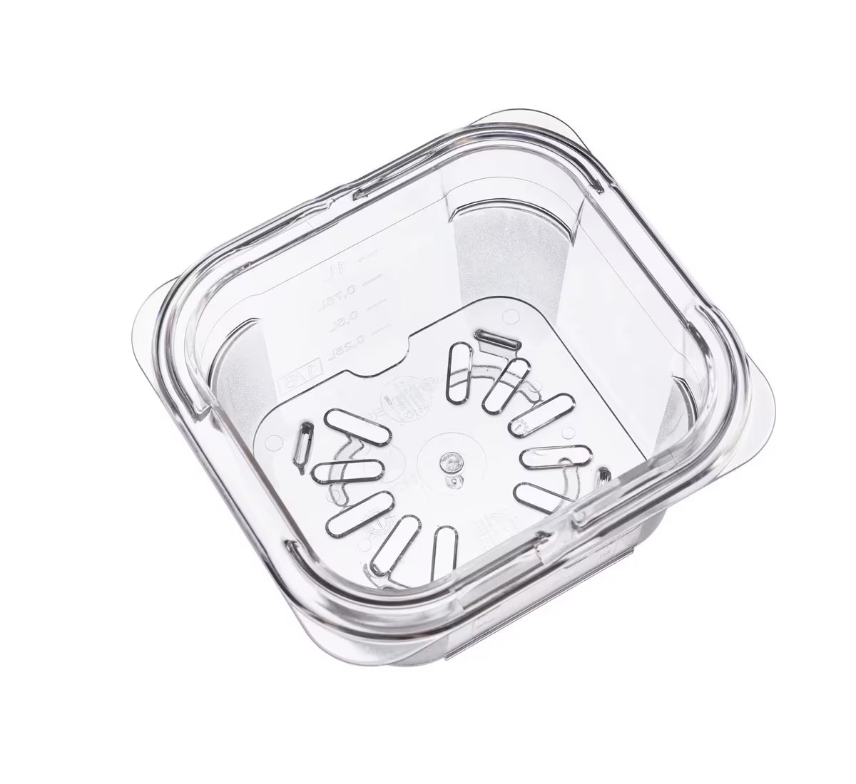 Organize food storage with the GN 1/6 Size 4 Inch Deep Clear Polycarbonate Food Pan 09797. Features an integrated traceability label, measuring scale, rounded edges and stain-resistant construction.