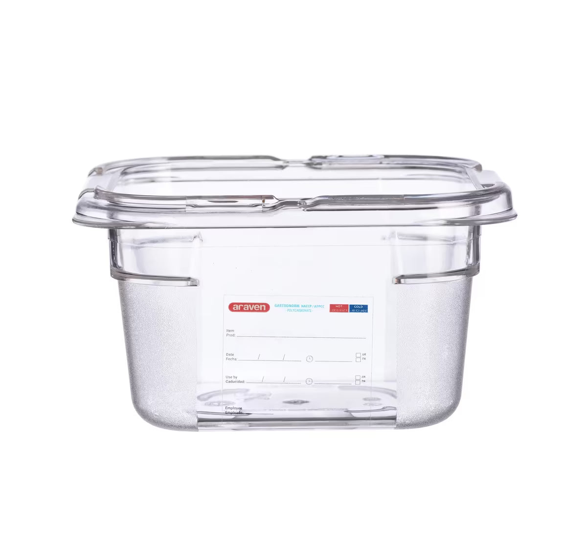 Organize food storage with the GN 1/6 Size 4 Inch Deep Clear Polycarbonate Food Pan 09797. Features an integrated traceability label, measuring scale, rounded edges and stain-resistant construction.