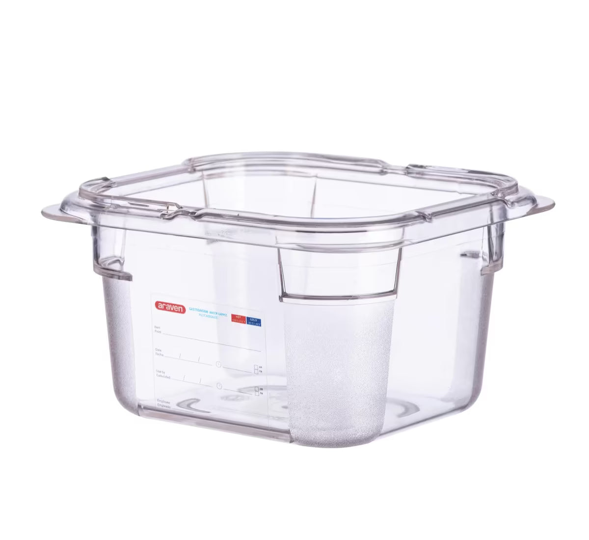 Organize food storage with the GN 1/6 Size 4 Inch Deep Clear Polycarbonate Food Pan 09797. Features an integrated traceability label, measuring scale, rounded edges and stain-resistant construction.