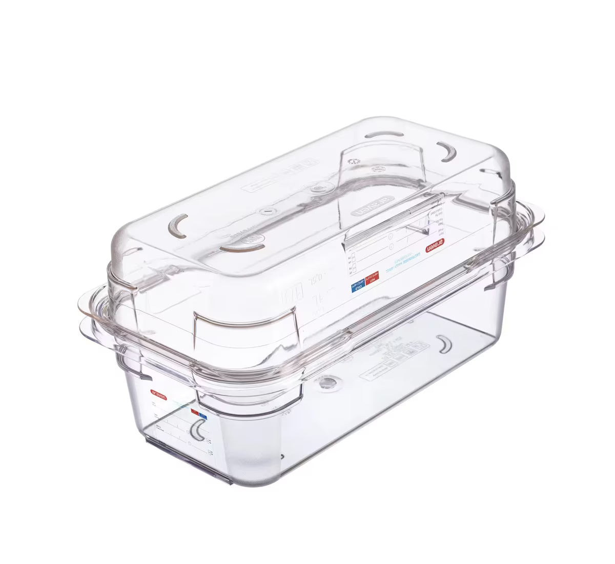 Organize food storage with the GN 1/3 Size 2.5 Inch Deep Clear Polycarbonate Food Pan 09808. Features an integrated traceability label, measuring scale, rounded edges and stain-resistant construction.