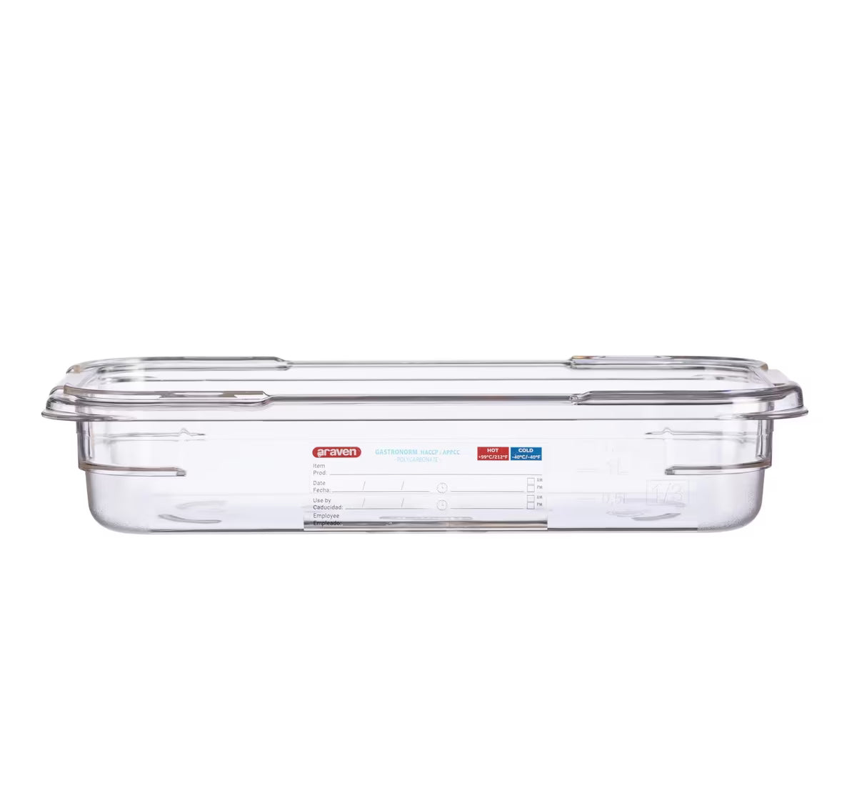 Organize food storage with the GN 1/4 Size 2.5 Inch Deep Clear Polycarbonate Food Pan 09816. Features an integrated traceability label, measuring scale, rounded edges and stain-resistant construction.