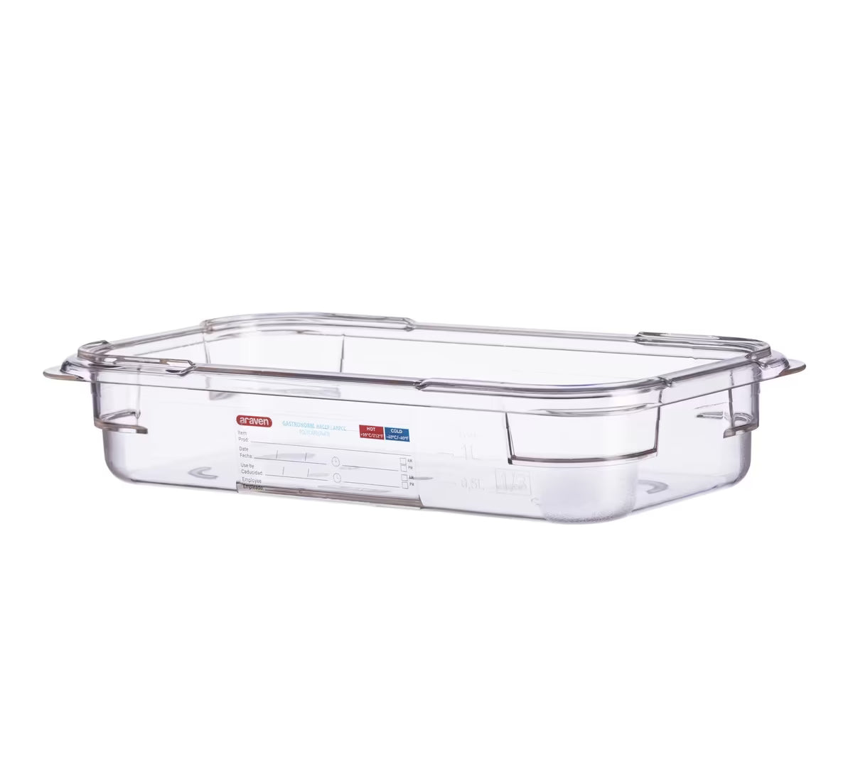 Organize food storage with the GN 1/3 Size 2.5 Inch Deep Clear Polycarbonate Food Pan 09808. Features an integrated traceability label, measuring scale, rounded edges and stain-resistant construction.