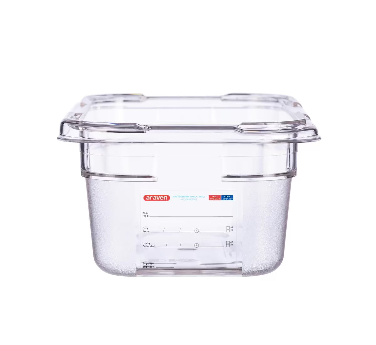 Organize food storage with the GN 1/4 Size 4 Inch Deep Clear Polycarbonate Food Pan 09817. Features an integrated traceability label, measuring scale, rounded edges and stain-resistant construction.